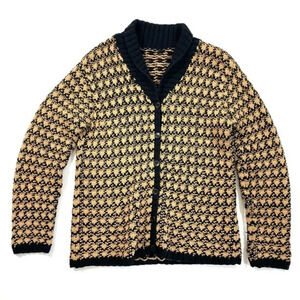 Talbots Vintage Granny Hand knit Cardigan Sweater Black Tan